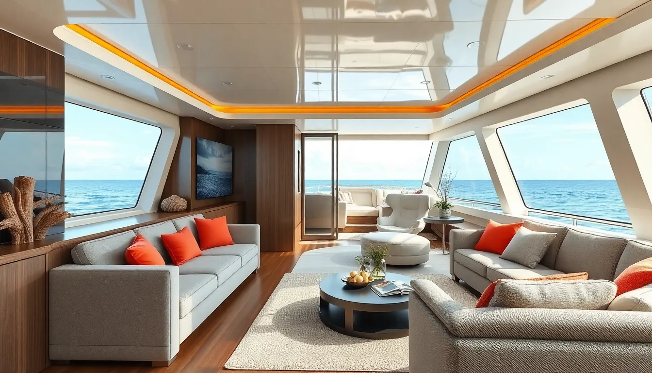stylish yacht interior with modern furnishings and ocean views.