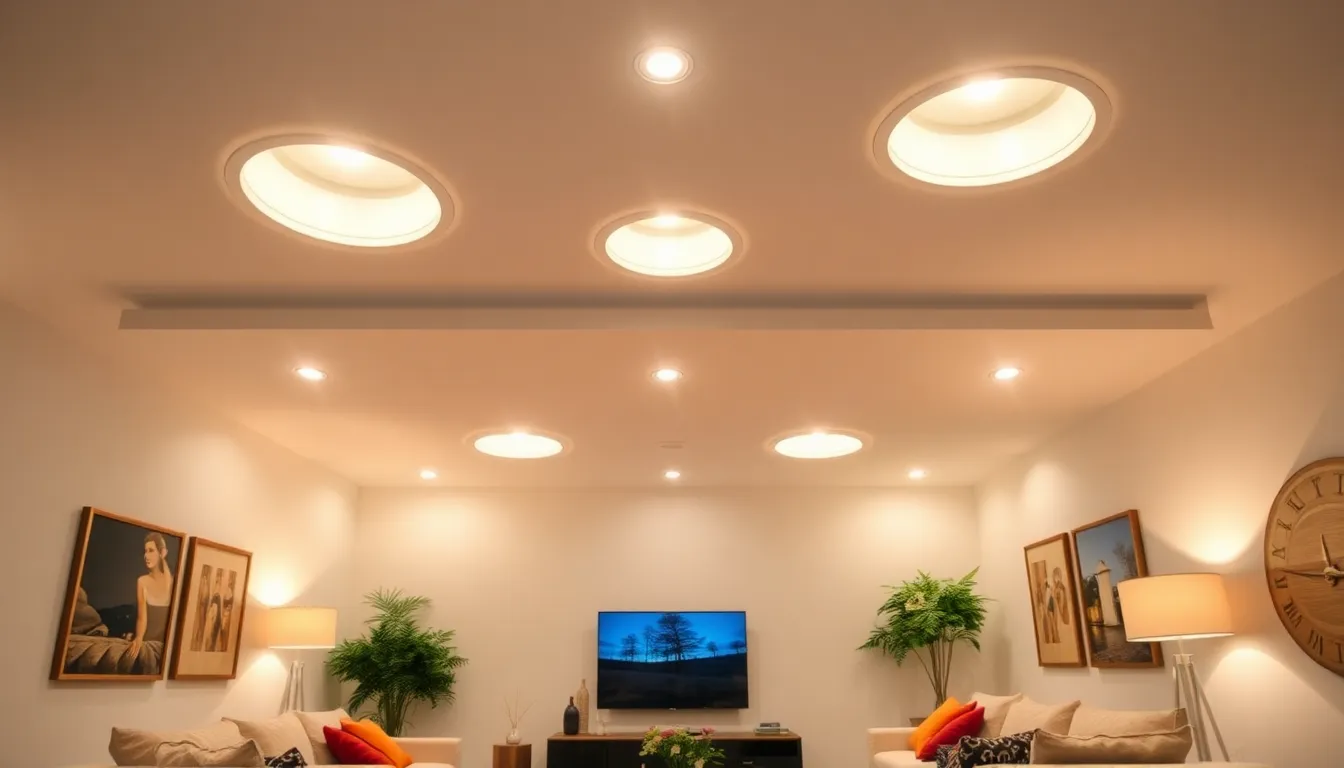modern living room with recessed lighting fixtures.