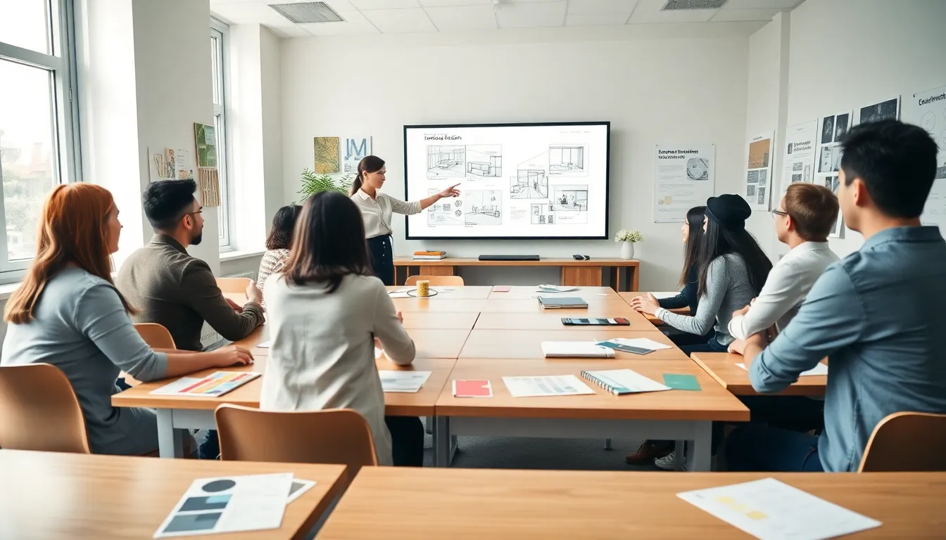 students collaborating in a bright interior design classroom.