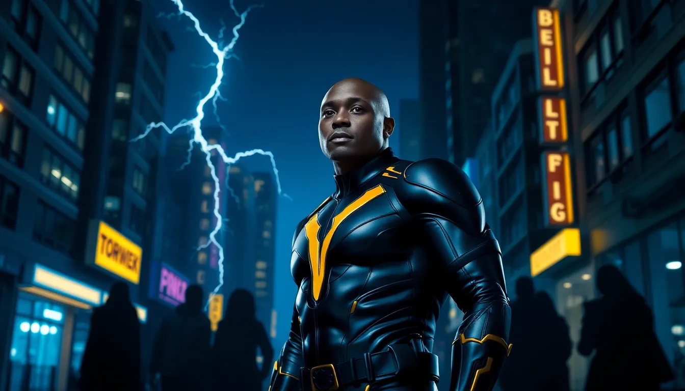 Jefferson Pierce in a dimly lit urban environment, showcasing determination and heroism.