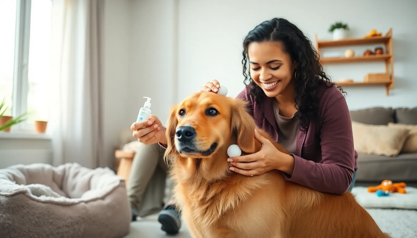 owner cleaning a dog's ears in a cozy home setting.